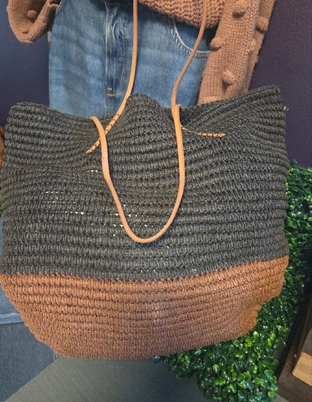 Merona Paper & Leather Two-Tone Woven Tote - Black and Brown with Tan Handles